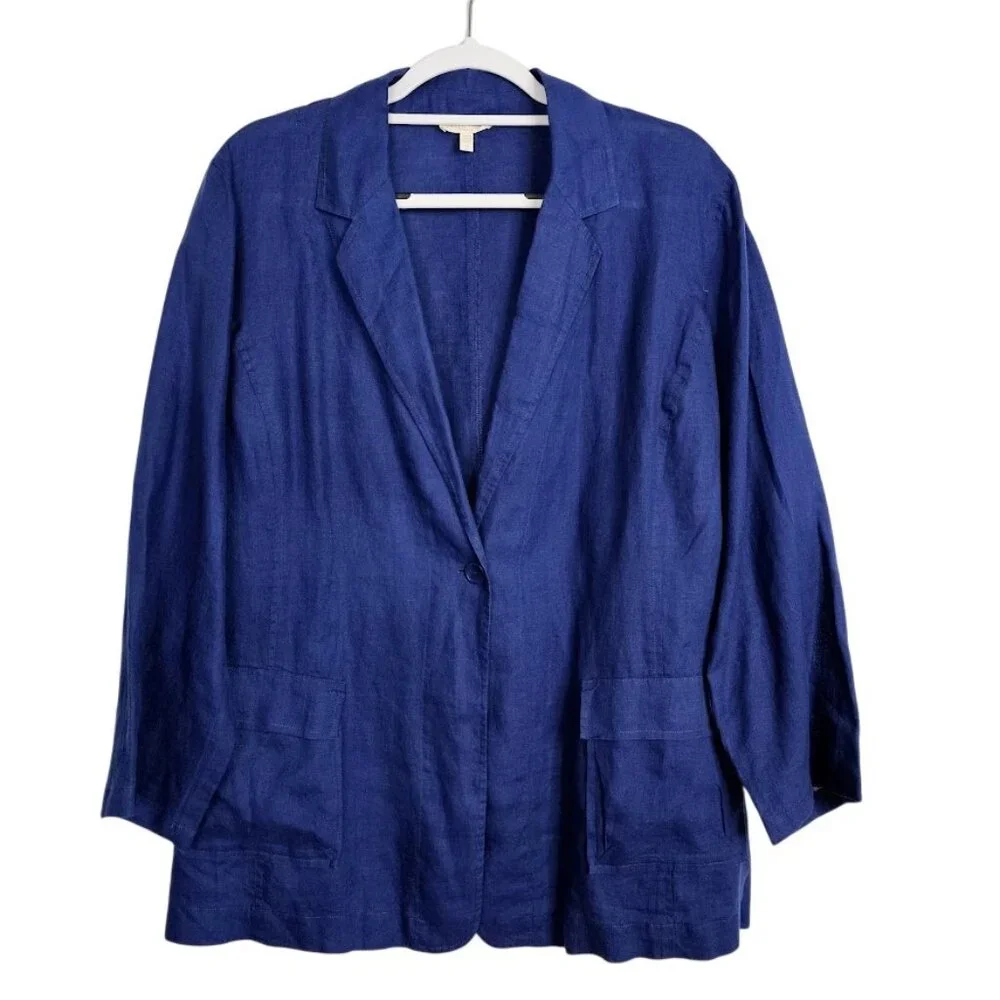 EILEEN FISHER Lightweight 100% Linen Blazer Jacket NAVY BLUE Plus size 1X Summer - Picture 1 of 7